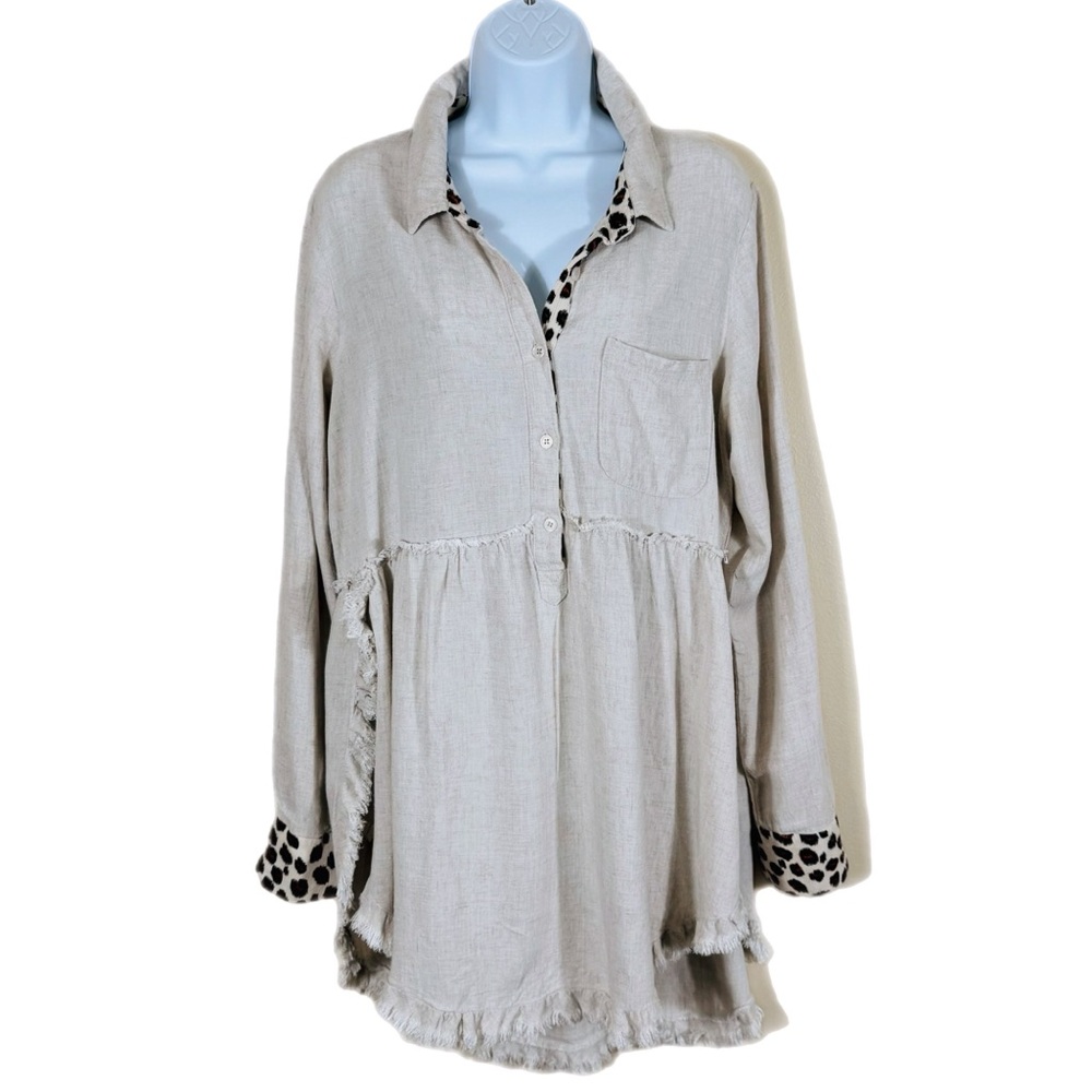 Umgee Linen Blend High Low Top M Raw Trim Pocket High Slit Hem Oatmeal Beachy